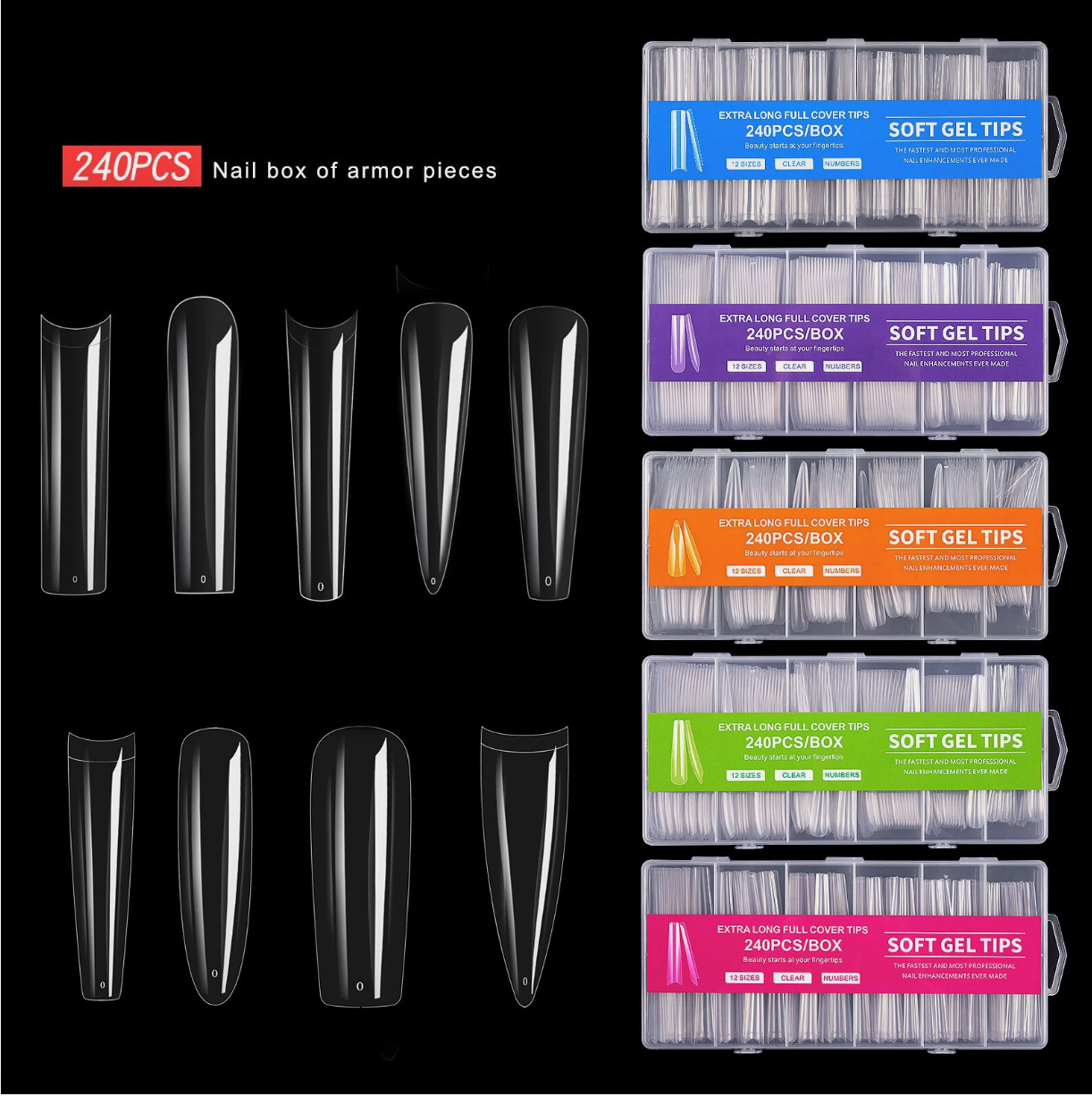 240pcs/Box Coffin/Ballerina/Stiletto/Square Extension Full Cover False Nail Tips