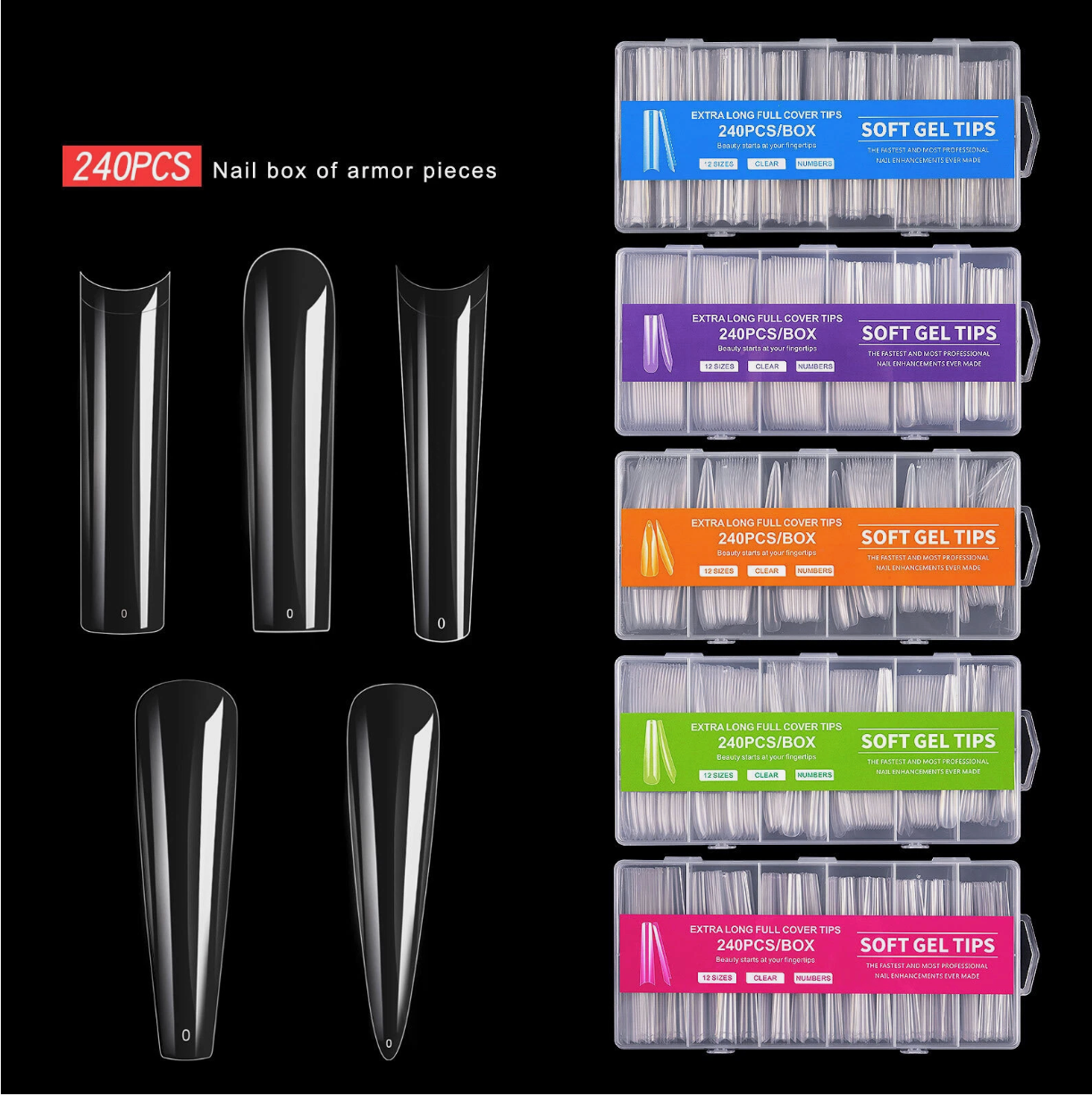 240pcs/Box Coffin/Ballerina/Stiletto/Square Extension Full Cover False Nail Tips