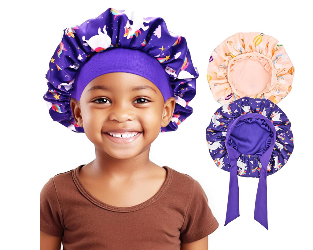 Lolalet 2 PCS Kids Bonnets for Girls, Silk Bonnet for Sleeping Reversible Satin Hat with Wide Elastic Band Night Sleep Caps for Teens Child Girls Curls