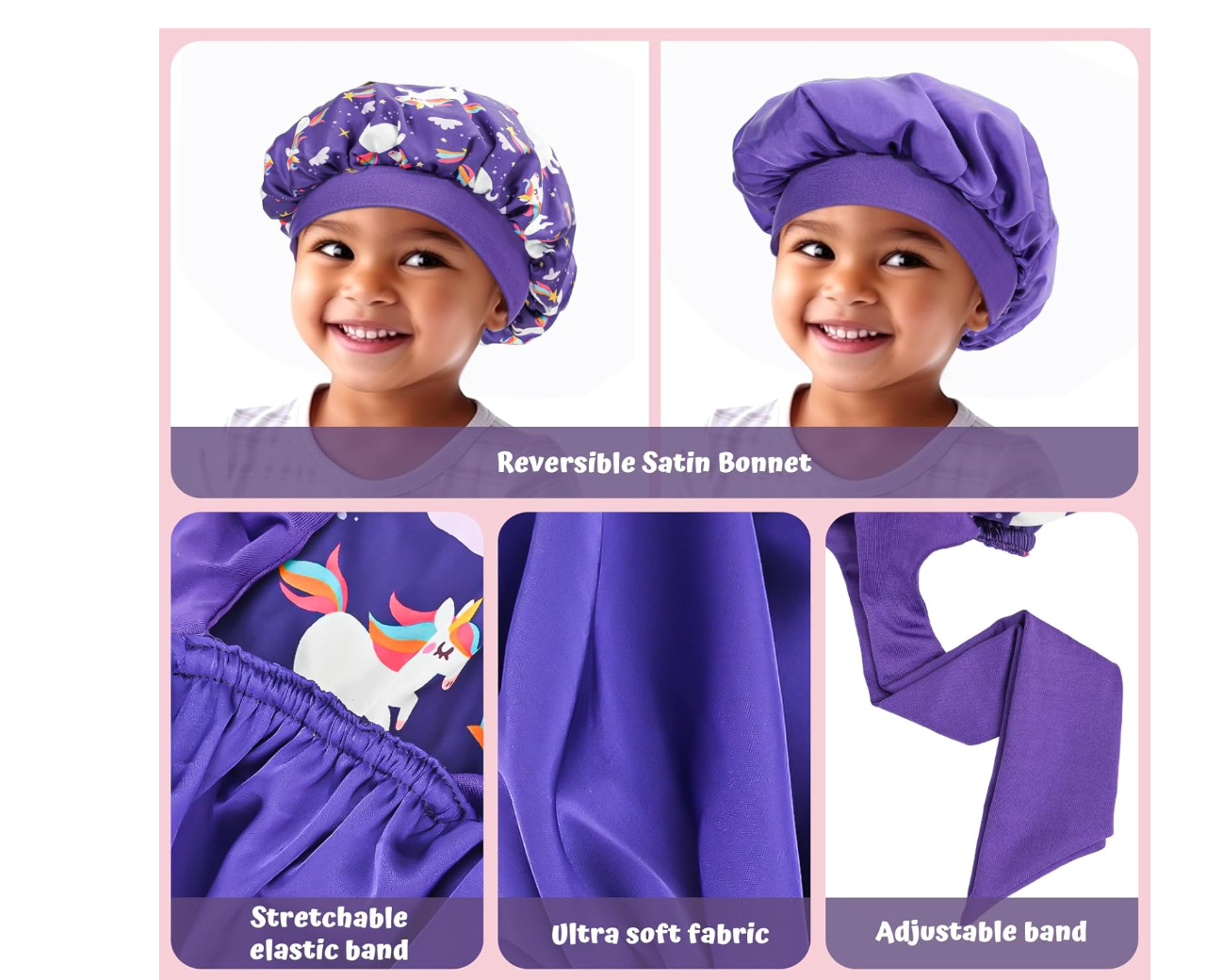 Lolalet 2 PCS Kids Bonnets for Girls, Silk Bonnet for Sleeping Reversible Satin Hat with Wide Elastic Band Night Sleep Caps for Teens Child Girls Curls