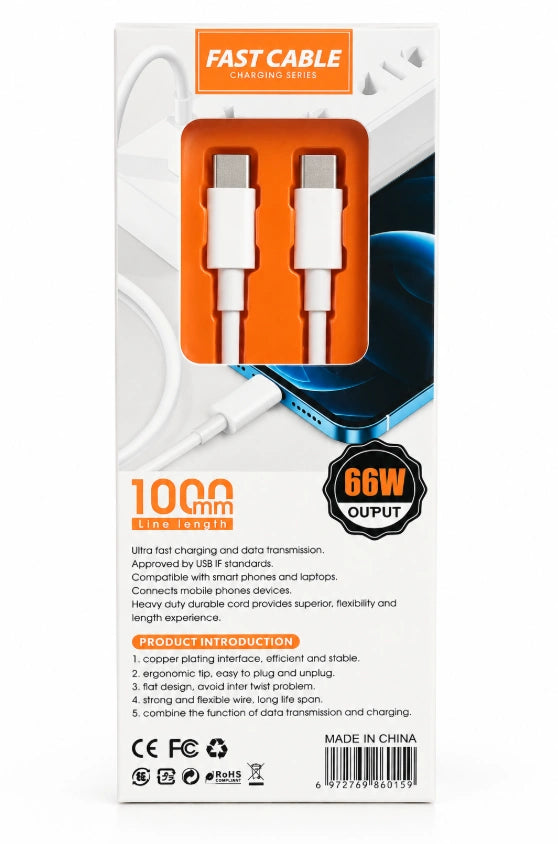 66W Fast Charging Type-C to Type-C Cable (1000mm length).