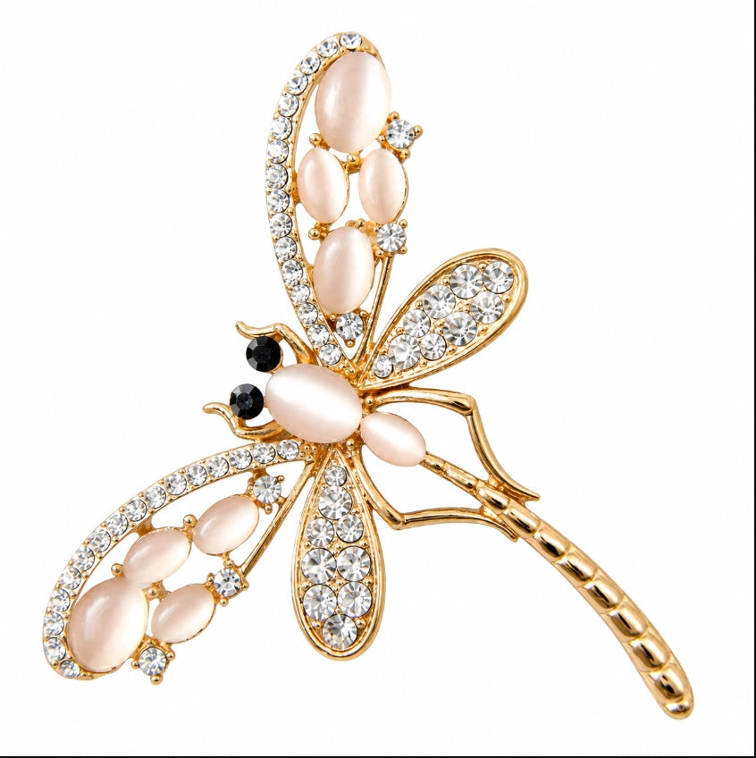 Navachi 18k Gold Plated Opal Crystal Dragonfly Brooch.