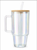 Iridescent Double-Wall Glass Travel Tumbler with Bamboo Lid & Glass Straw
