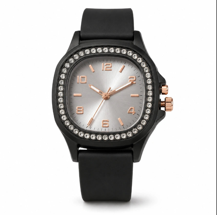 Women's fashion square quartz wristwatch featuring a rhinestone-encrusted bezel and a smooth black silicone/rubber strap.