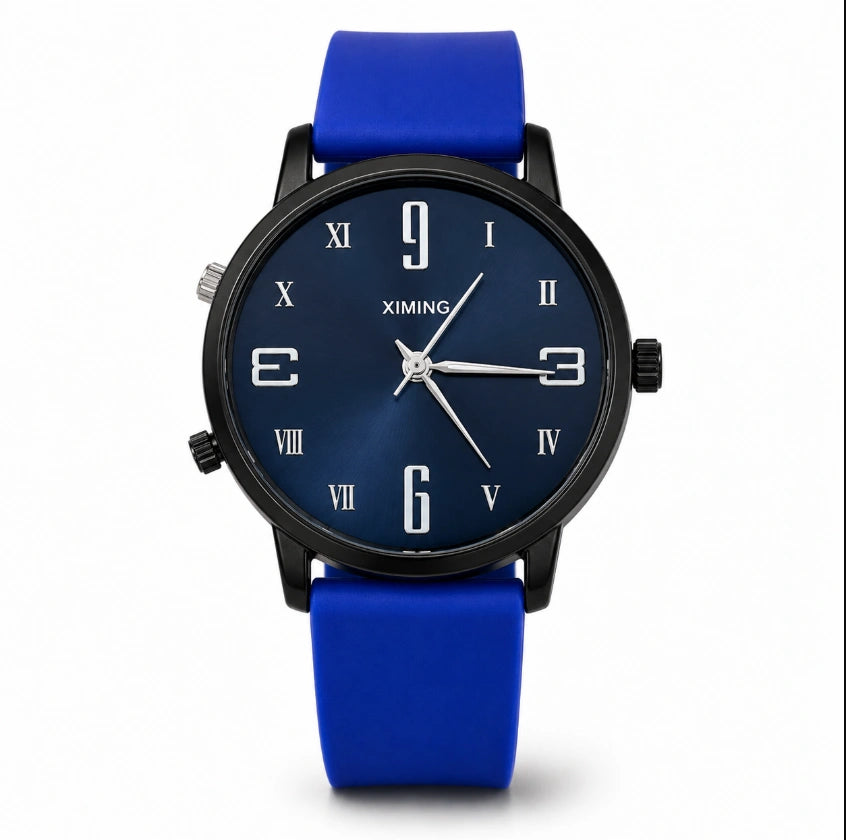 Ximing men's and unisex fashion quartz wristwatch featuring a dark blue sunray dial