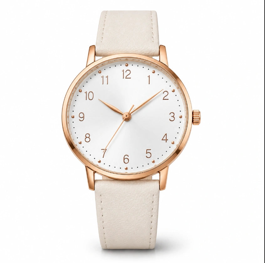 Women's minimalist analog quartz wristwatch featuring a polished rose gold case, an off-white dial