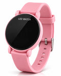 Light pink/pastel pink color variation of the exact same round LED digital sports wristwatch