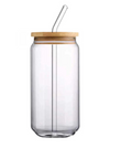 Clear Glass Drinking Can with Bamboo Lid & Glass Straw 400ml