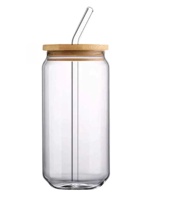 Clear Glass Drinking Can with Bamboo Lid & Glass Straw 400ml