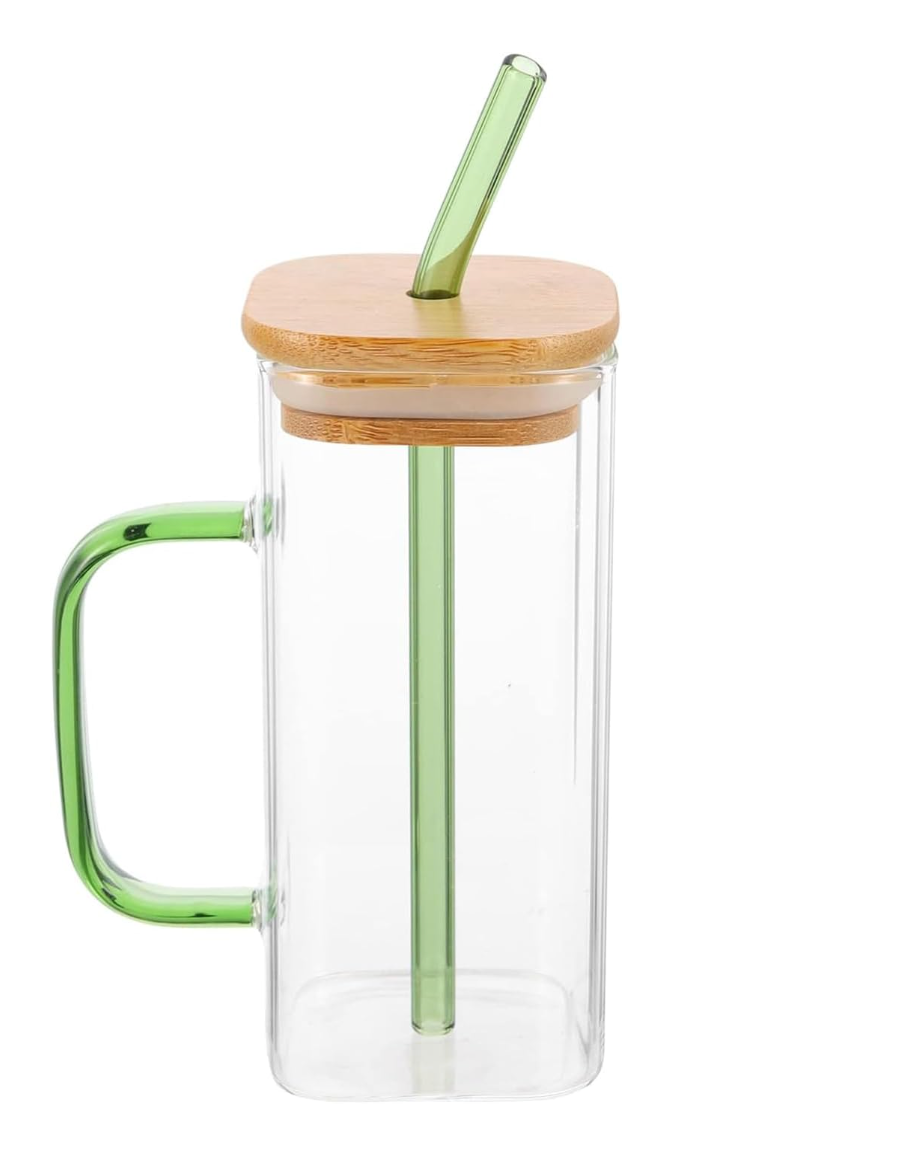 40oz Square Glass Tumbler with Handle, Bamboo Lid & Straw