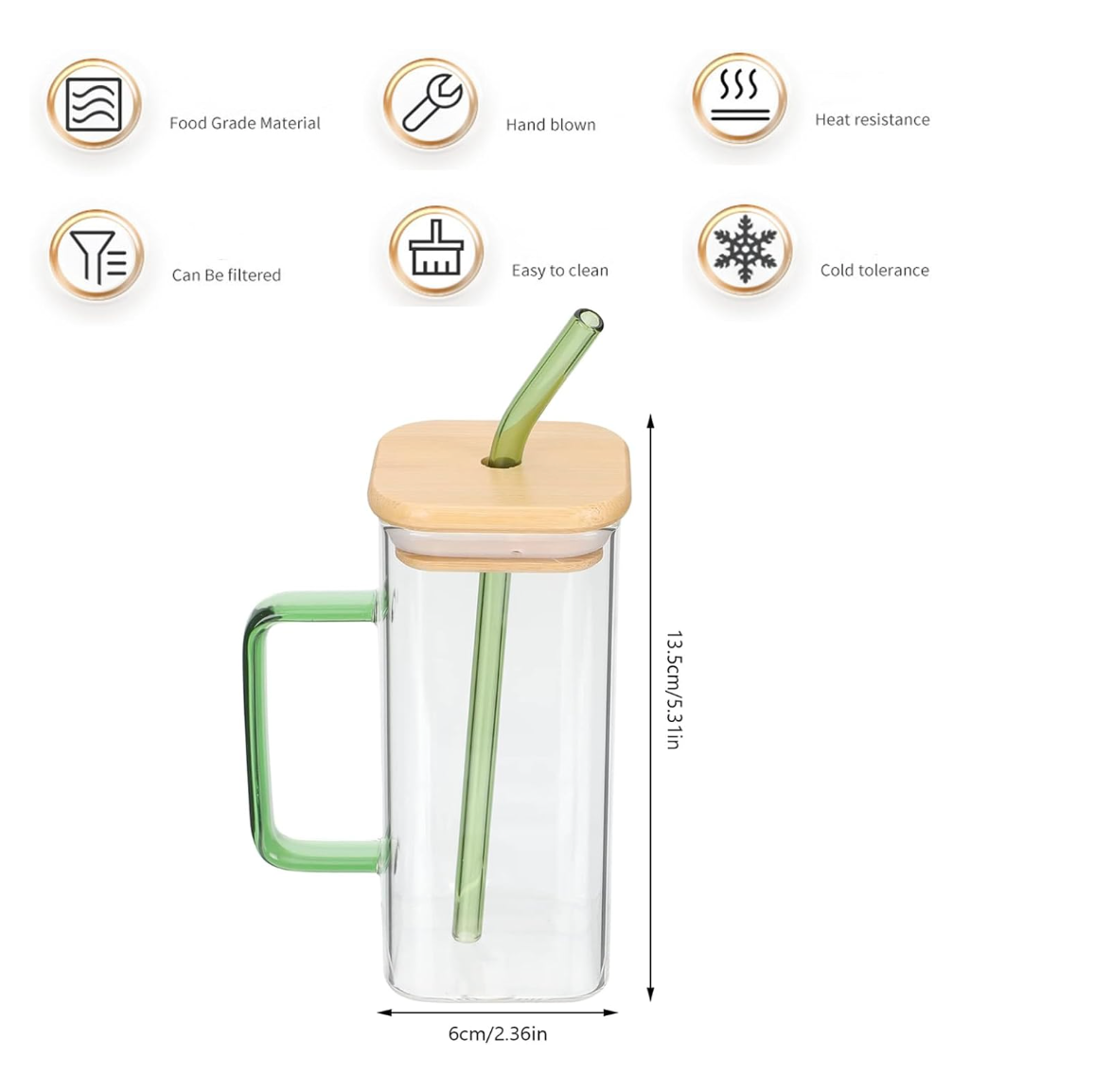 40oz Square Glass Tumbler with Handle, Bamboo Lid & Straw