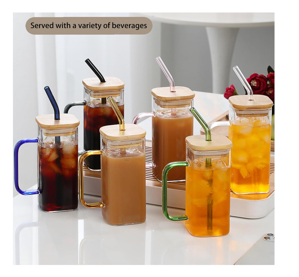 40oz Square Glass Tumbler with Handle, Bamboo Lid & Straw