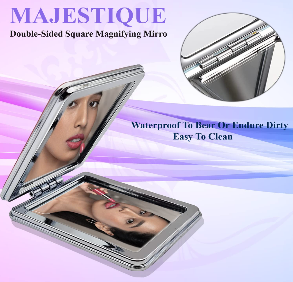 MAJESTIQUE Double-Sided Square Magnifying Compact Mirror – Glitter Design