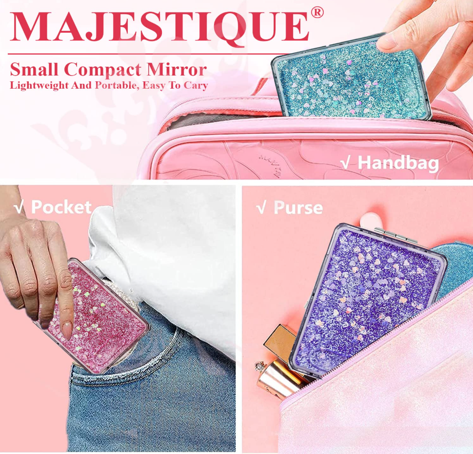 MAJESTIQUE Double-Sided Square Magnifying Compact Mirror – Glitter Design