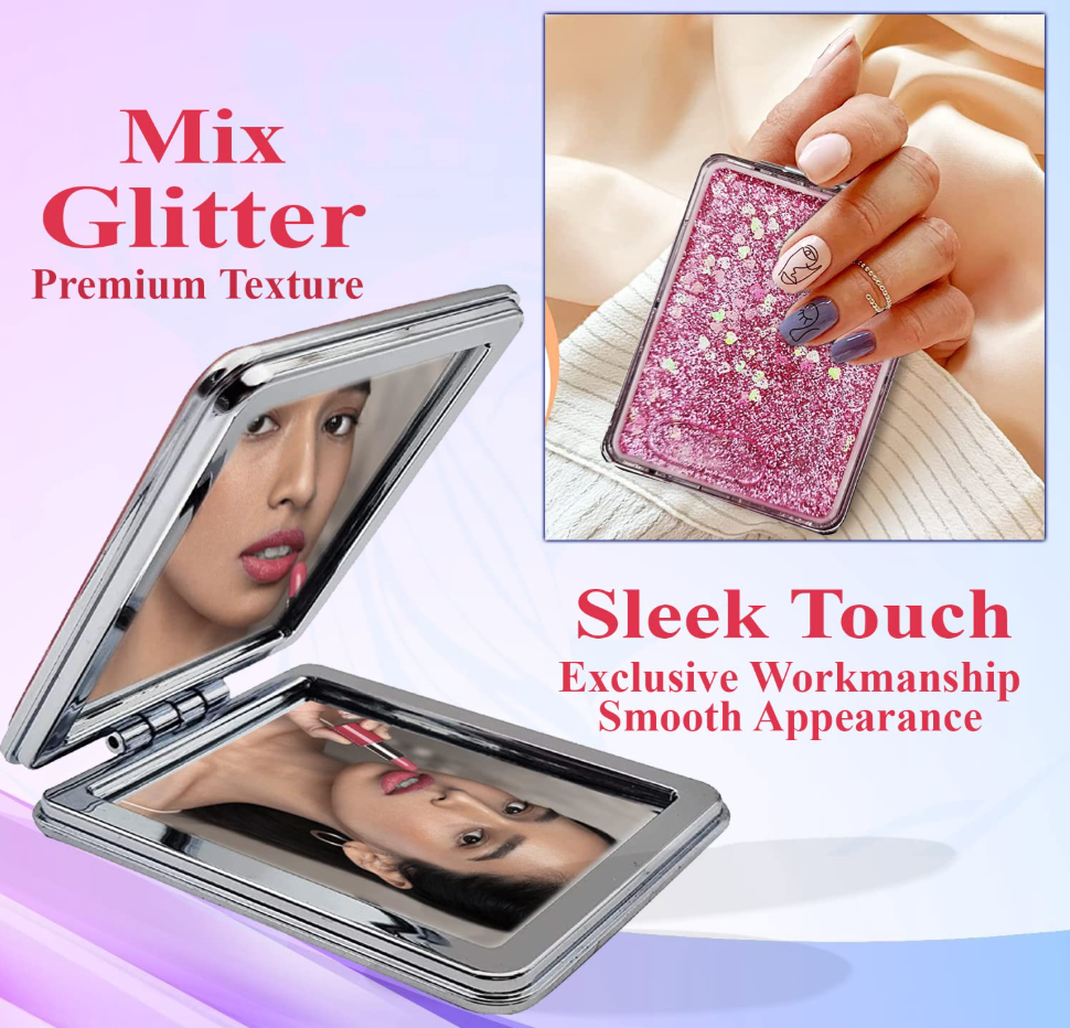 MAJESTIQUE Double-Sided Square Magnifying Compact Mirror – Glitter Design