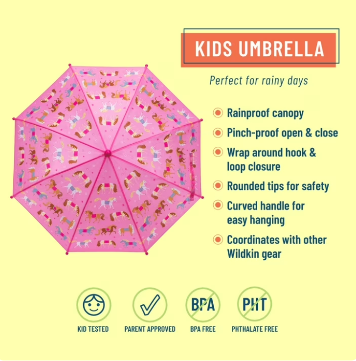 Wildkin Kids Umbrella – Horses Print, 28in Wide, Pinch-Proof & BPA Free