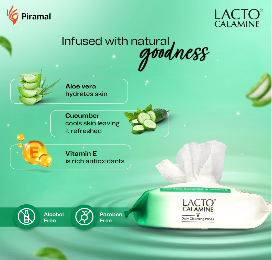Lacto Calamine Daily Cleansing Face Wipes with Aloe Vera, Cucumber and Vitamin E (25 wipes) Pack of 1