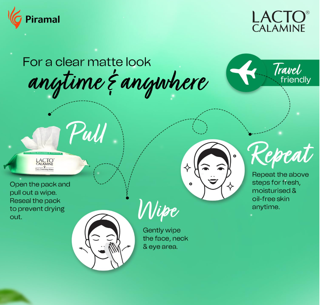 Lacto Calamine Daily Cleansing Face Wipes with Aloe Vera, Cucumber and Vitamin E (25 wipes) Pack of 1