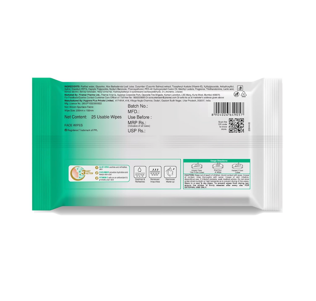 Lacto Calamine Daily Cleansing Face Wipes with Aloe Vera, Cucumber and Vitamin E (25 wipes) Pack of 1