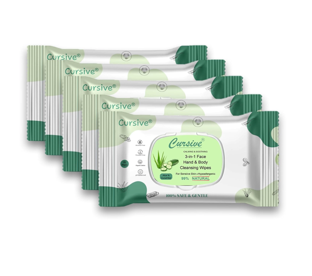Cursive Refreshing Face Wipes Daily Cleansing Facial Wipes 25N Each - Pack of 1 | Wet Wipes for Face with Aloe Vera, Cucumber & Vitamin E | Makeup Remover