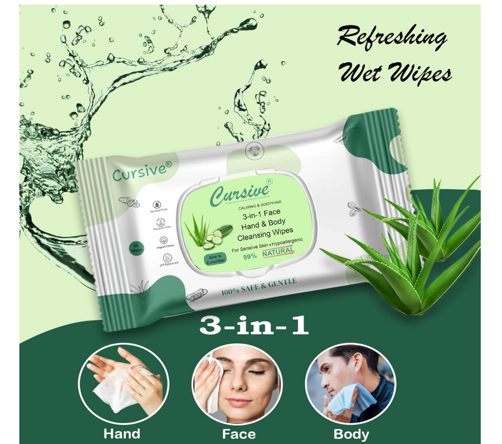 Cursive Refreshing Face Wipes Daily Cleansing Facial Wipes 25N Each - Pack of 1 | Wet Wipes for Face with Aloe Vera, Cucumber & Vitamin E | Makeup Remover