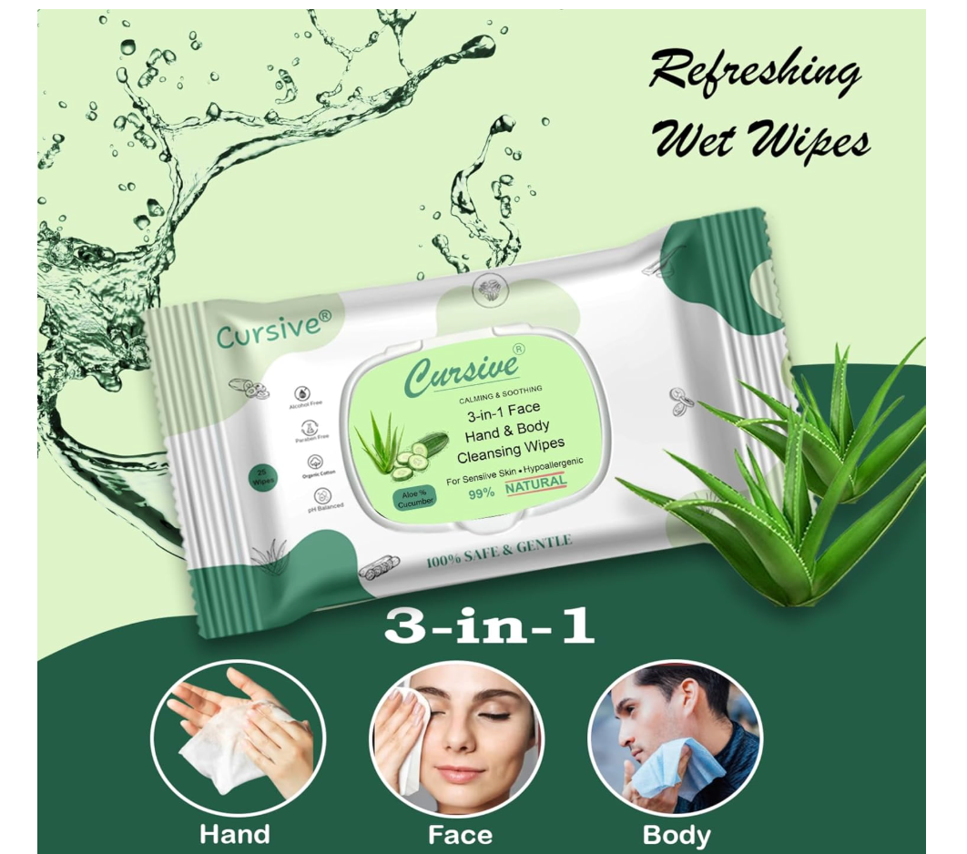 Cursive Refreshing Face Wipes Daily Cleansing Facial Wipes 25N Each - Pack of 1 | Wet Wipes for Face with Aloe Vera, Cucumber & Vitamin E | Makeup Remover