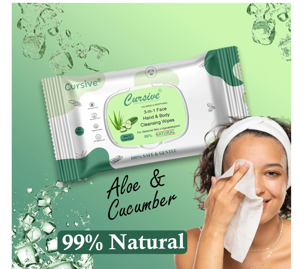 Cursive Refreshing Face Wipes Daily Cleansing Facial Wipes 25N Each - Pack of 1 | Wet Wipes for Face with Aloe Vera, Cucumber & Vitamin E | Makeup Remover