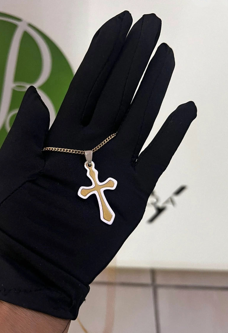Two-tone scalloped cross pendant necklace