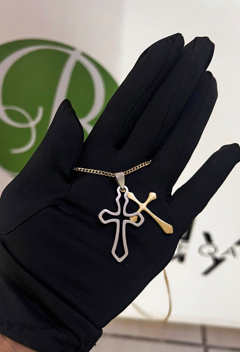 Two-Tone Scalloped Double Cross Necklace