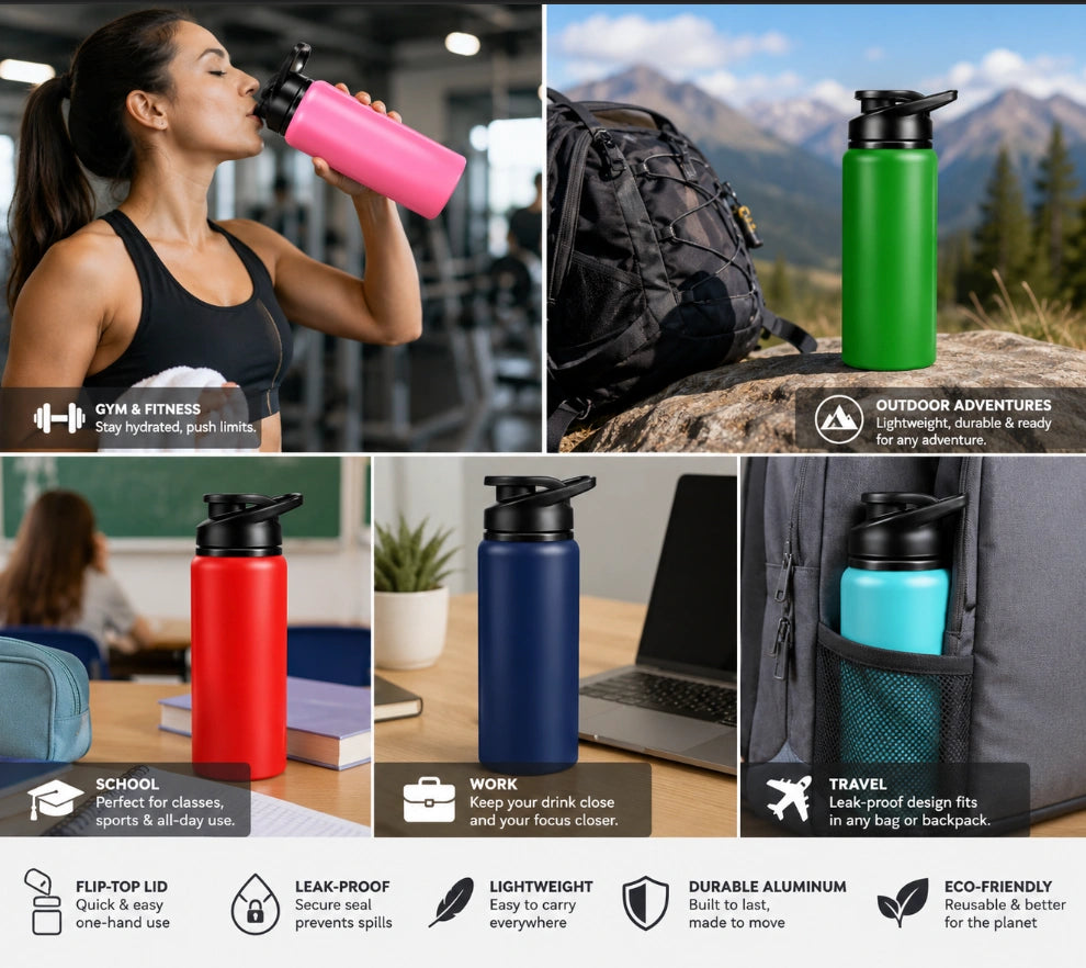 Durable Aluminum Sports Water Bottle (Flip-Top Lid)