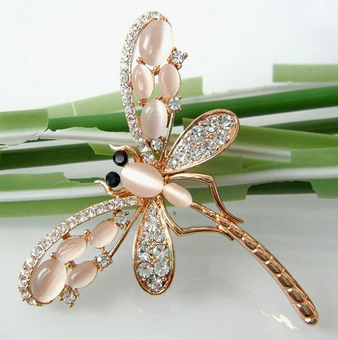 Navachi 18k Gold Plated Opal Crystal Dragonfly Brooch.